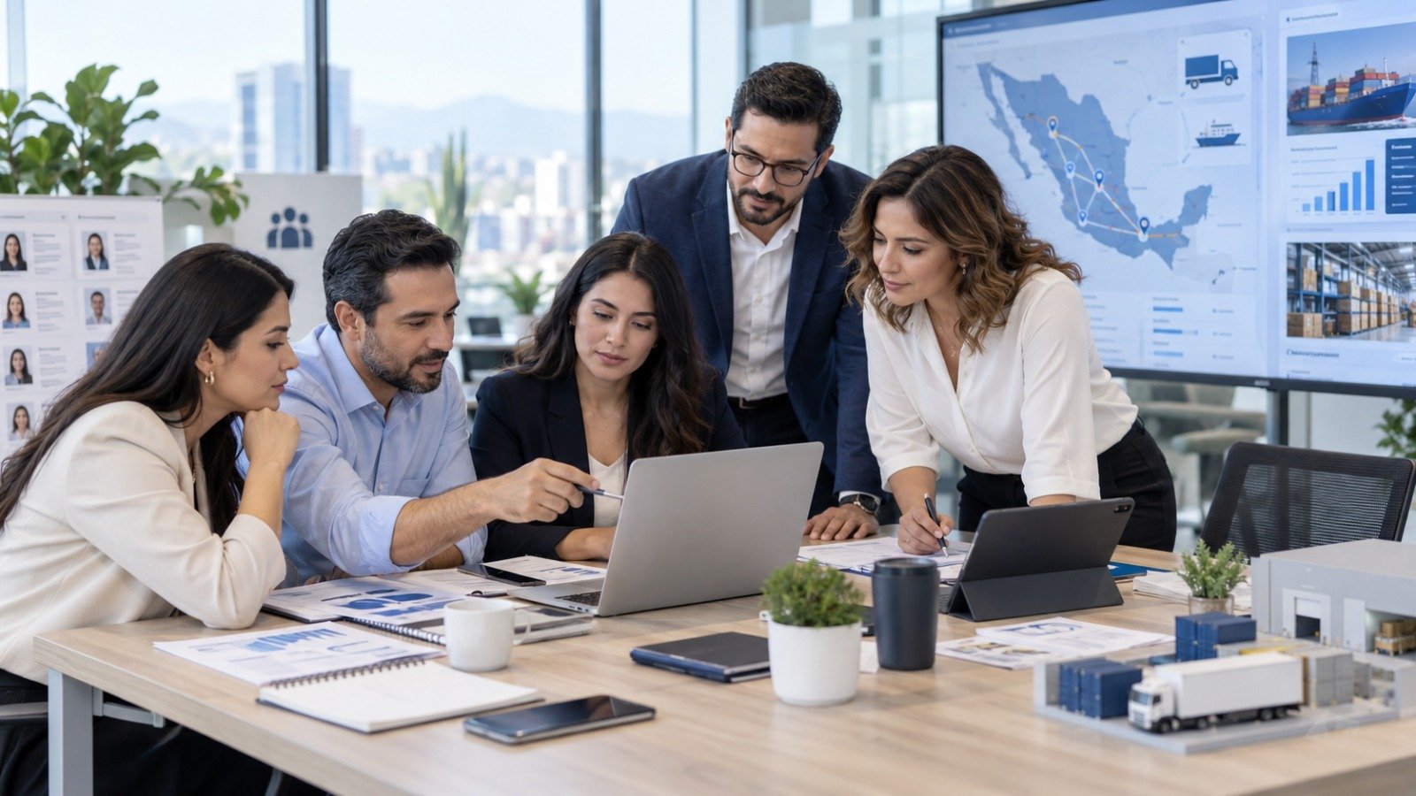 Equipo empresarial trabajando en soluciones de capital humano y logística